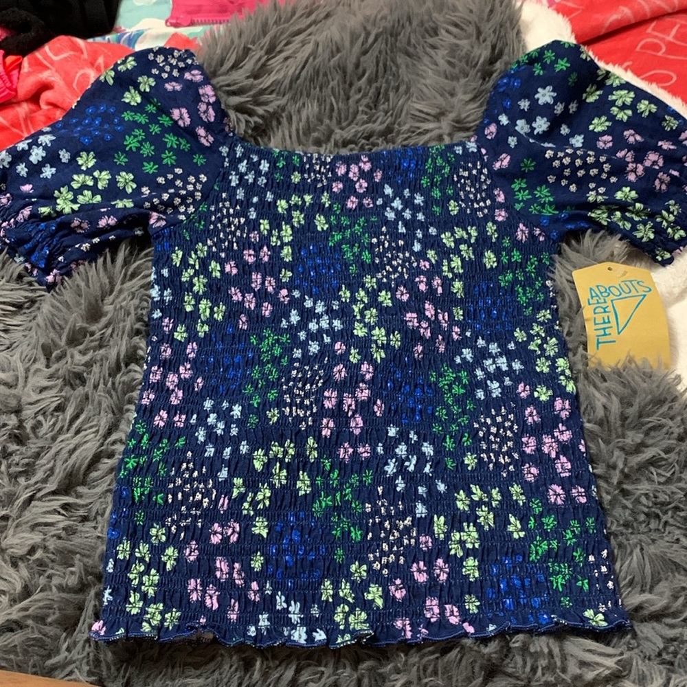 Blue Smocked Puff Sleeve Blouse